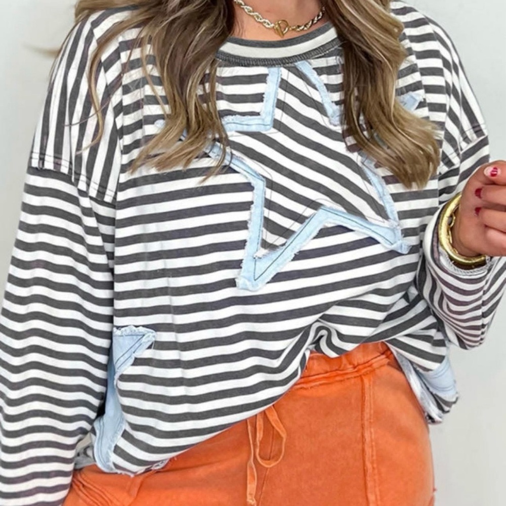HAZEL BLUES®  GRAY STRIPE STARRY PATCH RAW EDGE CASUAL KNIT TOP Size Small NWOT - Picture 12 of 12